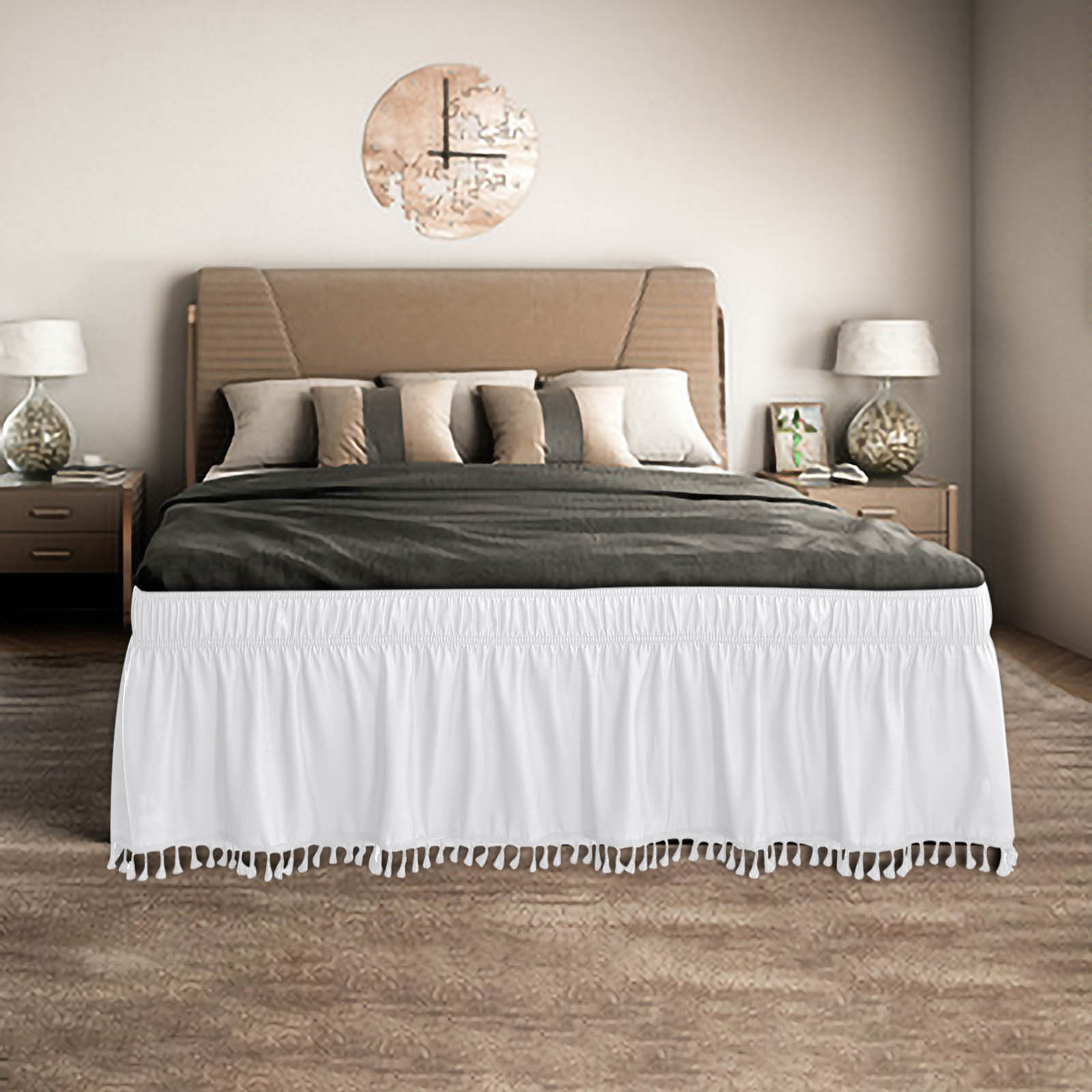Blateno Solid Color Wrap Around Dust Ruffle Bed Skirt - Light Grey - for Full Size Beds, Drop - Easy Fit Elastic Strap - Pleated Bedskirt with Brushed Fabric - Wrinkle Free, Machine Wash, White